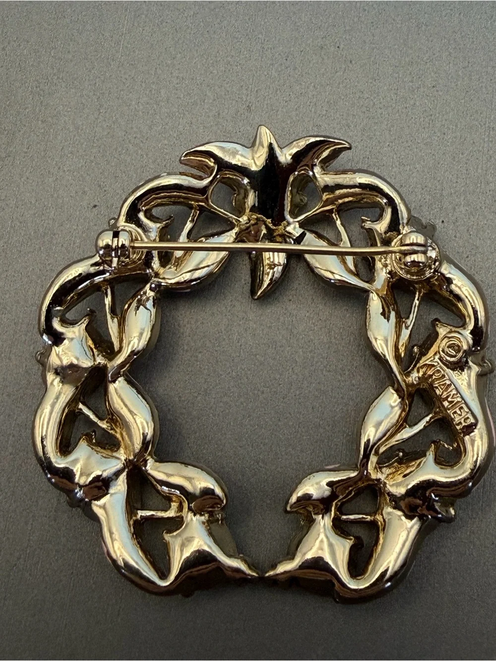 Kramer Pink Enamel Aurora Borealis Crystal Wreath Brooch